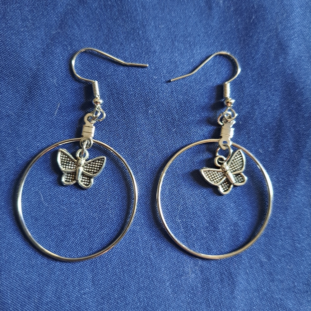 Silver Butterfly Hoop Earrings